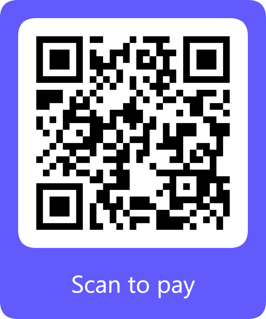 Image of Stripe QR code. Text states Scan to Pay. 
Scan this QR code to give via Stripe or use button below. 